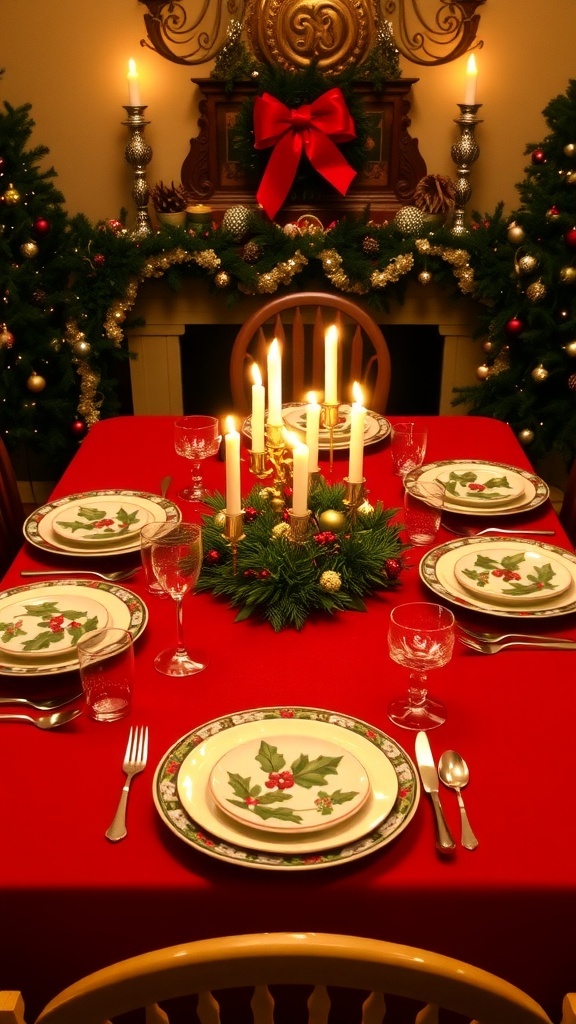Lenox Holiday Christmas Table Settings A Christmas table setting with Lenox Holiday dinnerware, red tablecloth, candles, and festive decorations.
